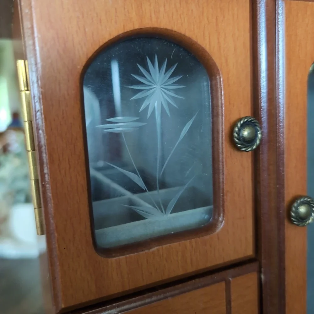 Vintage Jewelry Armoire Organizer Etched Glass Floral Wood Chest Velvet Mirrored